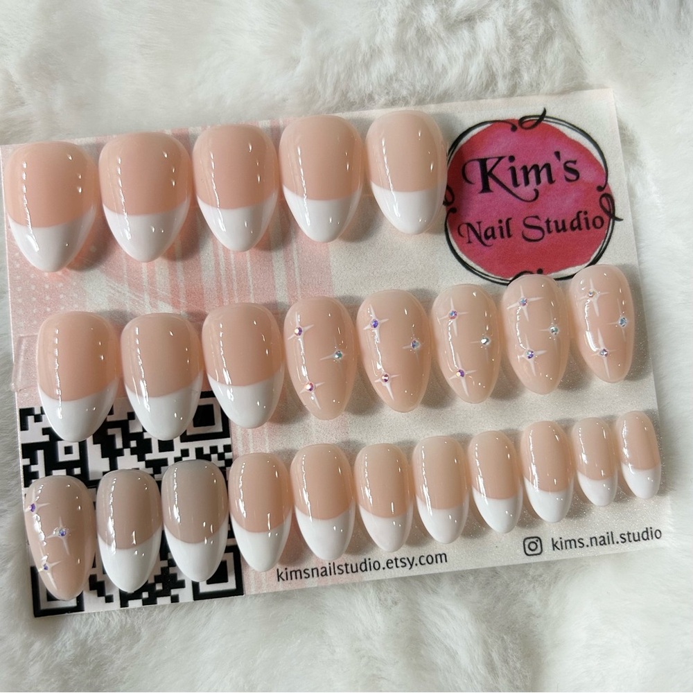Handmade French Tip Press-On Nails with Rhinestones